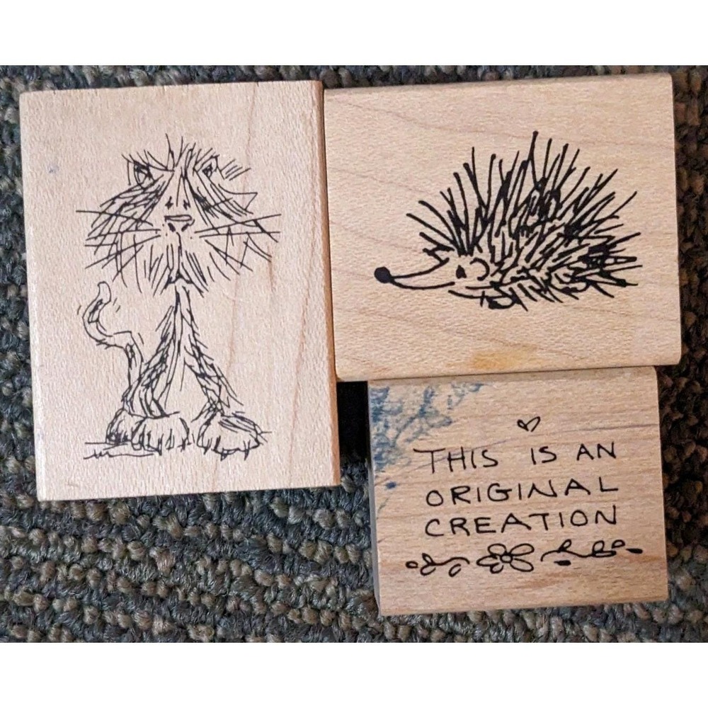 3 PC Lot Of Stamps By Judith Rubber Stamp Hedgehog, Kitty Cat, Original Creation